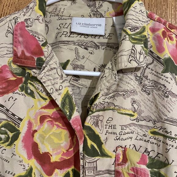 LIZ claiborne Women’s RARE TREASURE MAP & FLORAL PRINT BUTTON DOWN SHIRT Sz-M - Picture 3 of 5
